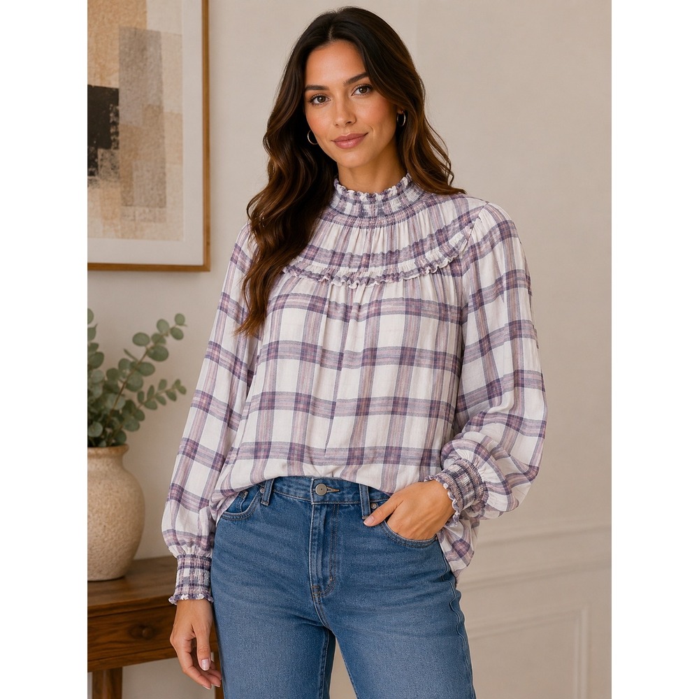 Free People Purple White Plaid Ruffle Smocked High Neck Blouse Large OB1205476